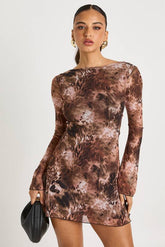 Mixed Leopard Mesh Flare Sleeve Mini Dress
