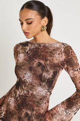 Mixed Leopard Mesh Flare Sleeve Mini Dress