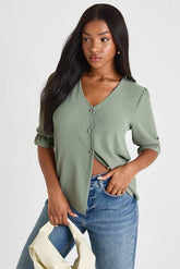 Hammered Puff Sleeve Button Front Blouse