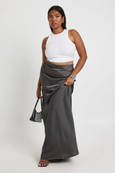 Plus Satin Ruched Side Detail Column Maxi Skirt