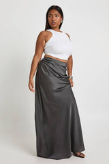 Plus Satin Ruched Side Detail Column Maxi Skirt