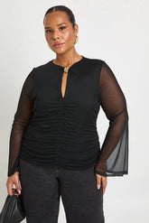 Plus Keyhole Trim Flare Sleeve Blouse