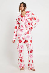 Valentines Cake Print Long Sleeve Shirt & Trouser 3 Piece Pyjama Set