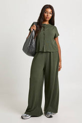 Plus Crinkle Rib Button Through Cap Sleeve Top and Trouser Set