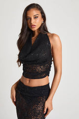 Sequin Lace Cowl Neck Top