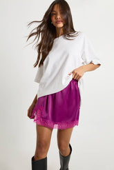 Satin Lace Trim Mini Skirt