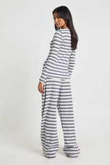 Stripe Rib Button Through Long Sleeve Top & Trouser Co Ord