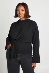 Plus Drape Knot Front Long Sleeve Cowl Blouse