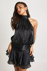 Textured Satin Ruched Frill Skirt Halterneck Mini Dress