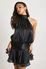 Textured Satin Ruched Frill Skirt Halterneck Mini Dress