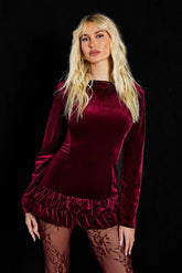 Velvet Ruffle Hem Long Sleeve Mini Dress