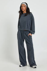 Petite Washed Ribbed Detail Straight Leg Tracksuit