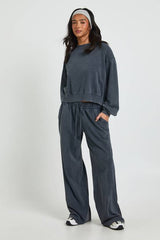 Petite Washed Ribbed Detail Straight Leg Tracksuit
