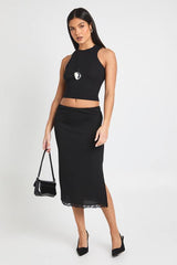 Ribbed Lace Hem Midi Skirt