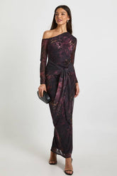 Printed Floral Mesh Asymmetric Tie Waist Maxi Dress