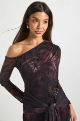 Printed Floral Mesh Asymmetric Tie Waist Maxi Dress