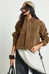 Collar Detail Faux Suede Bomber Jacket