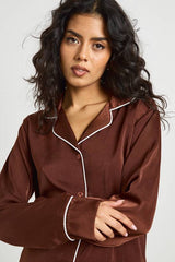 Satin Piping Detail Long Sleeve Shirt & Shorts Pyjama Set