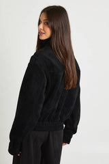 Funnel Neck Faux Suede Pocket Detail Jacket