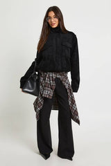 Funnel Neck Faux Suede Pocket Detail Jacket