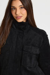 Funnel Neck Faux Suede Pocket Detail Jacket