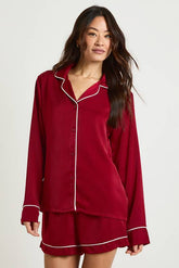 Tall Satin Piping Detail Long Sleeve Shirt & Shorts Pyjama Set
