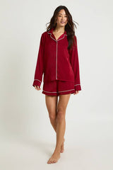 Tall Satin Piping Detail Long Sleeve Shirt & Shorts Pyjama Set