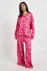 Petite Mixed Bow Print Long Sleeve Top & Trousers Pyjama Set