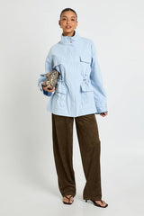 Twill Funnel Neck Cinched Waist Shirt