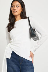 Double Layered Textured Mesh Drape Front Long Sleeve Top