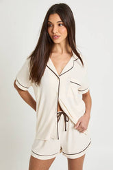 Soft Rib Piping Detail Short Sleeve Shirt & Short Pyjama Set