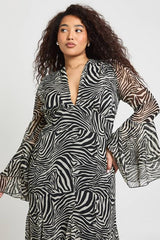 Plus Zebra Flared Cuff Godet Midaxi Skater Dress