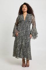 Plus Zebra Flared Cuff Godet Midaxi Skater Dress