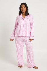 Plus Bow Print Long Sleeve Shirt & Trouser Pyjama Set