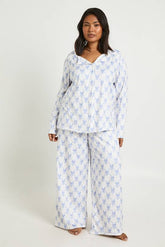 Plus Bow Print Long Sleeve Shirt And Trousers Pyjama Set