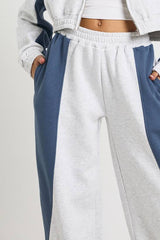 Contrast Panel Zip Through Hoodie Wide Leg Jogger Tracksuit