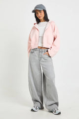 Petite Boxy Balloon Sleeve Oversized Zip Through Hoodie