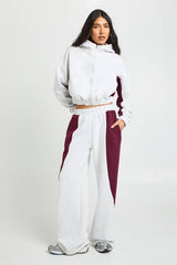 Tall Contrast Panel Zip Through Hoodie Wide Leg Jogger Tracksuit