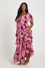 Plus Chiffon Floral Frill Detail Maxi Dress