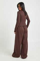 Petite Rib Button Through Long Sleeve Top Tracksuit
