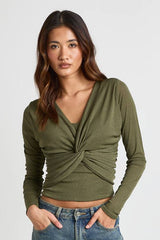 Sheer Textured Twist Front Long Sleeve Top