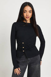 Rib Long Sleeve Wrap Front Trim Top