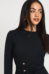 Rib Long Sleeve Wrap Front Trim Top