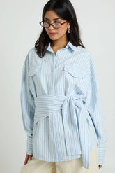 Oversized Woven Stripe Shirt With Waist Tie
