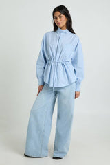 Stripe Cinched Waist Funnel Neck Shirt