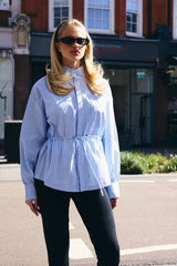 Stripe Cinched Waist Funnel Neck Shirt
