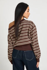 Striped Off Shoulder Deep Hem Sweatshirt