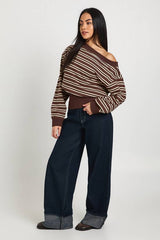 Striped Off Shoulder Deep Hem Sweatshirt