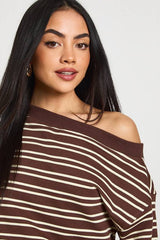 Striped Off Shoulder Deep Hem Sweatshirt