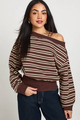 Striped Off Shoulder Deep Hem Sweatshirt